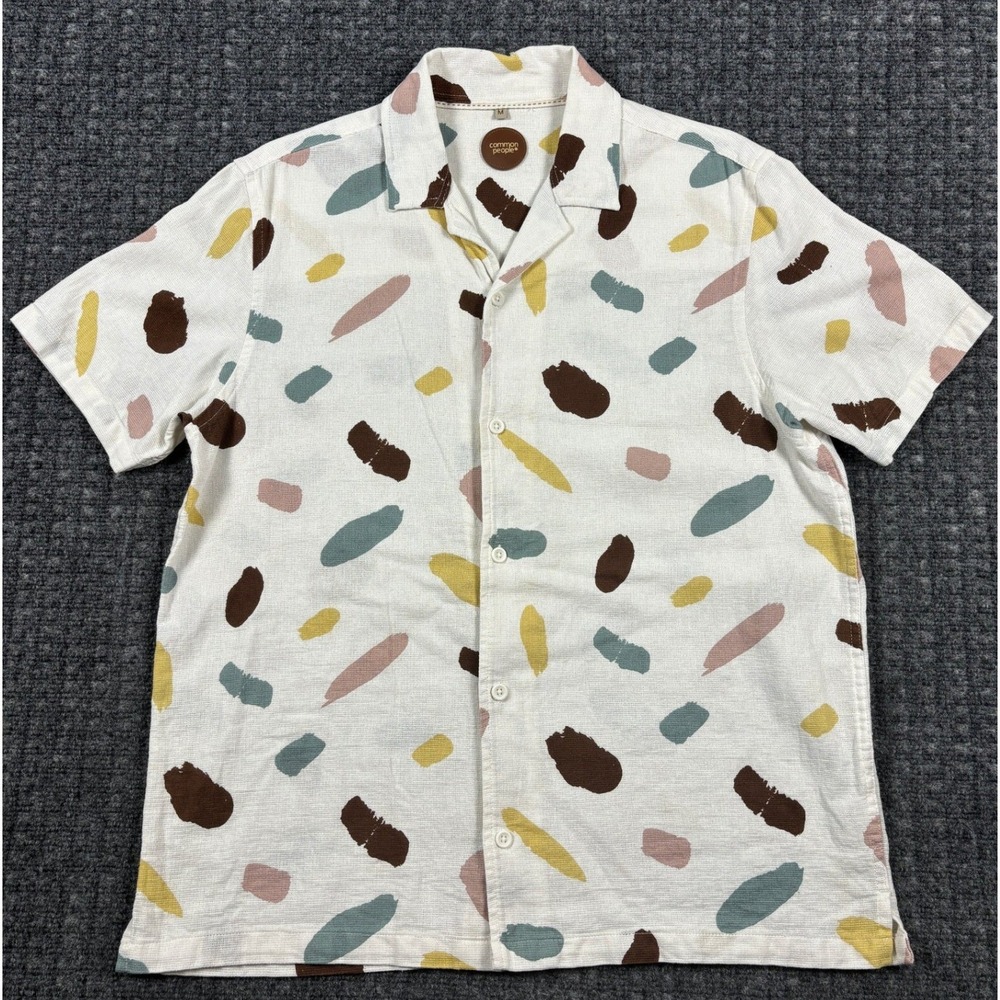 Common People Camp Collar Abstract Brushstroke Shirt Size M Cream Multi-Color